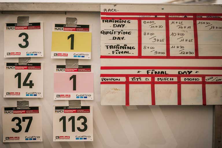 シーズン途中、誇らしげにその日の出番を待つサポートライダーのゼッケン、男女ともにランキングトップが揃うことも珍しい光景。